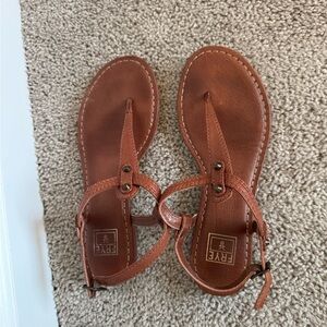 Frye Cognac Leather T-Strap Sandals